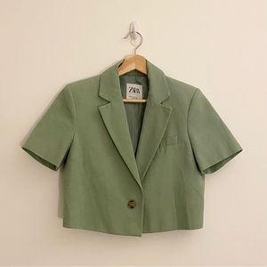 Zara Green Cropped Short Sleeve Blazer